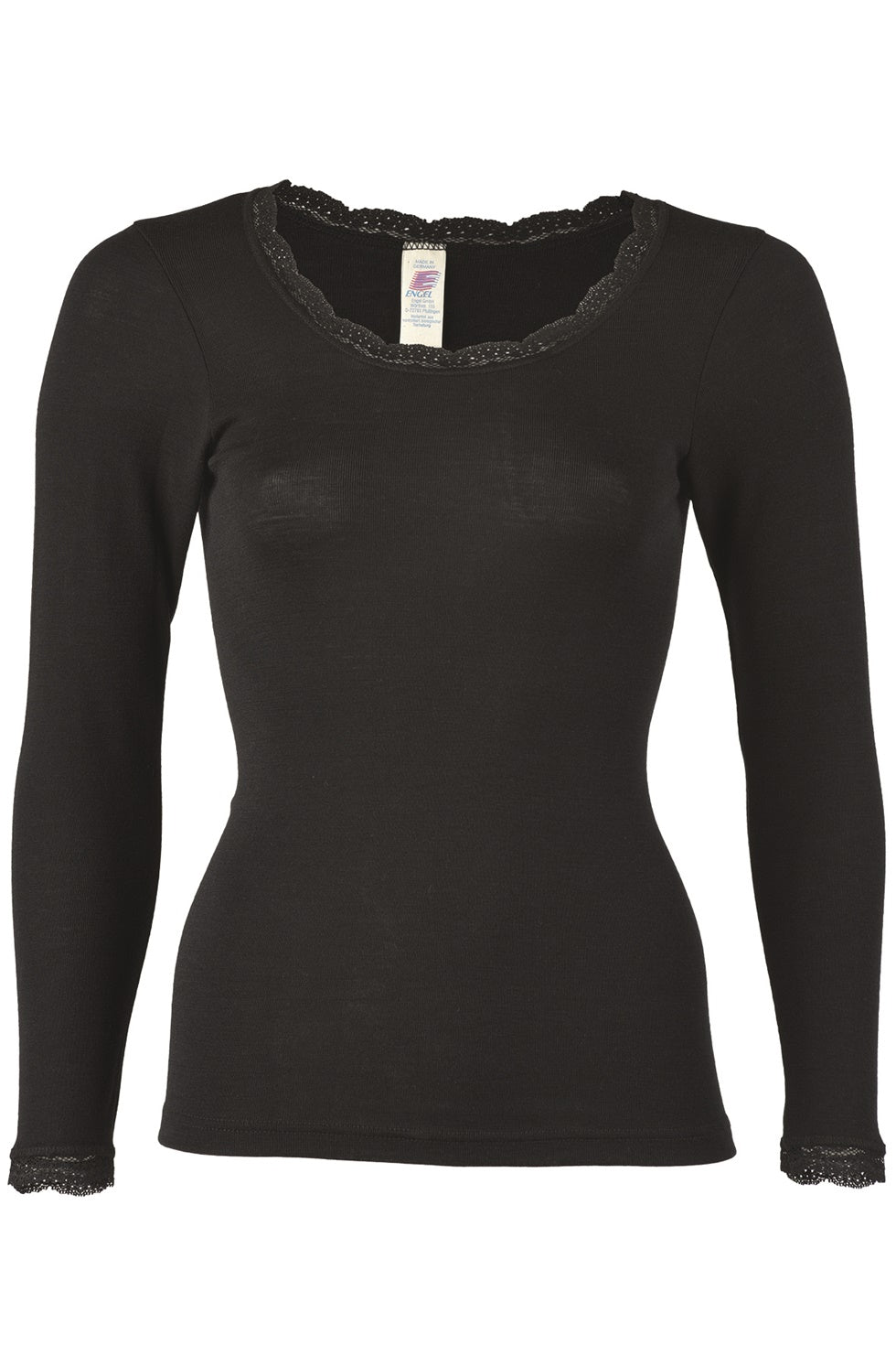 Shirt langarm mit Spitze, schwarz