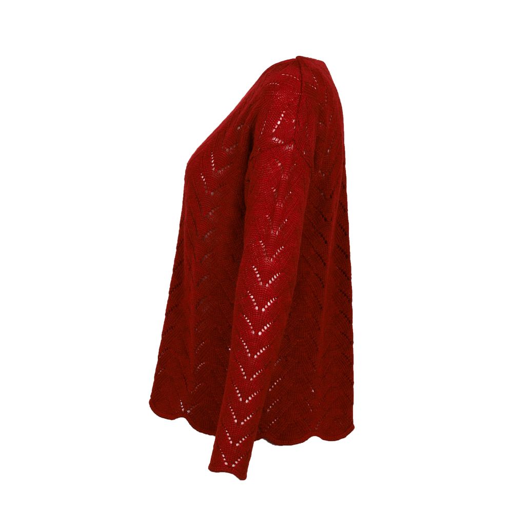 Pullover Schurwolle kbT Ajour-Muster, mohnrot-meliert
