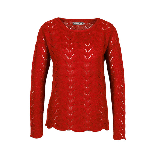 Pullover Schurwolle kbT Ajour-Muster, mohnrot-meliert