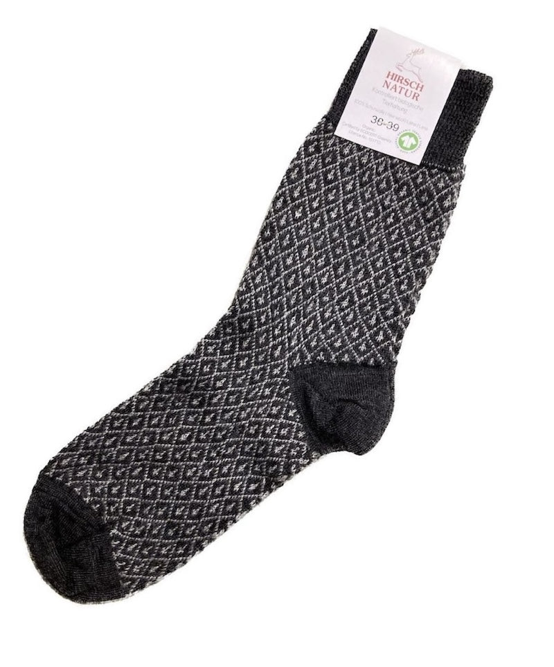 Jaquard Woll-Socken fein, grau/schwarz