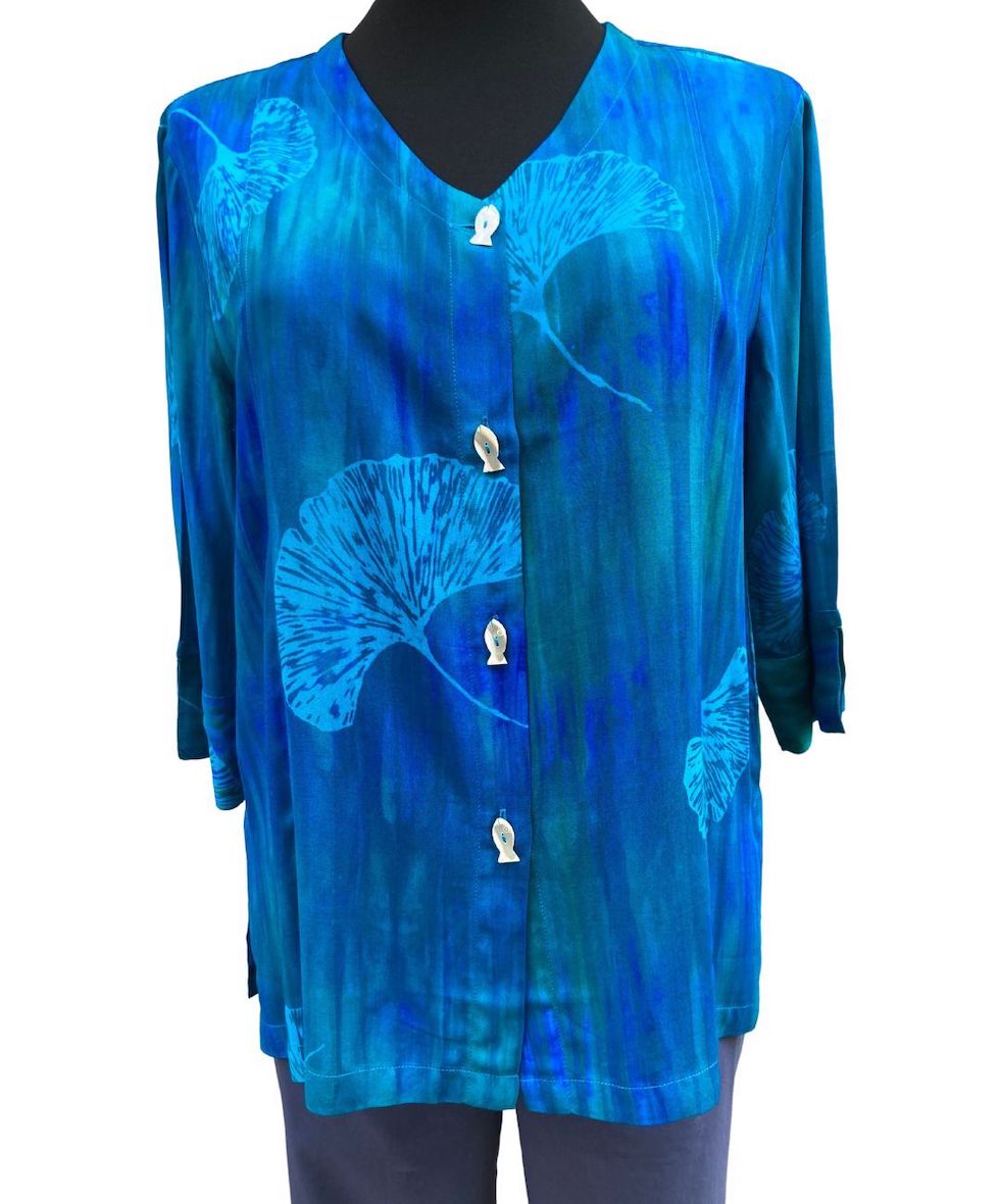 Bluse Fischknöpfe gerade Gingko, blau-türkis