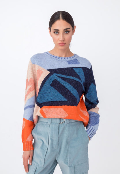 Intarsia Pullover Abstract Pattern, blau