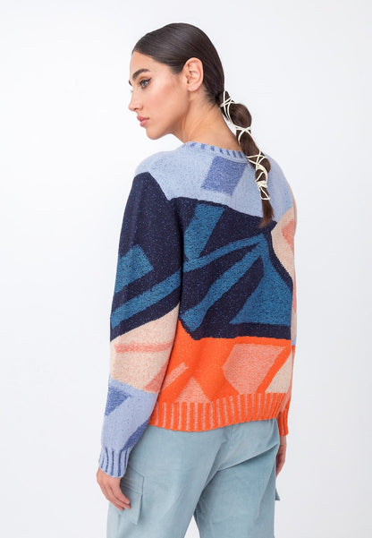 Intarsia Pullover Abstract Pattern, blau