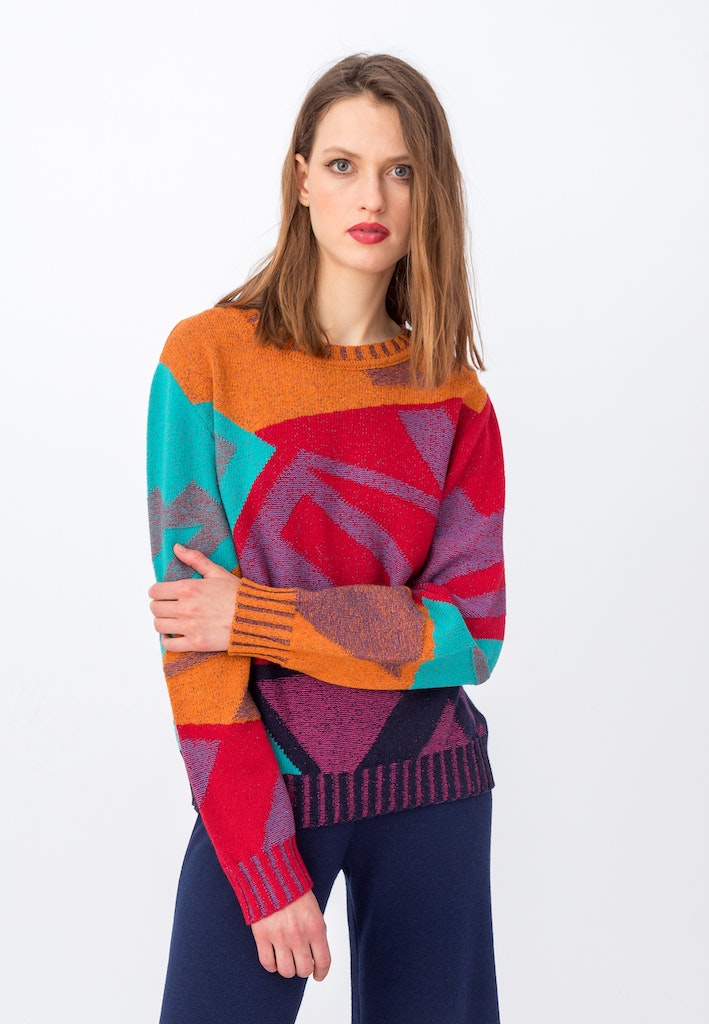 Intarsia Pullover Abstract Pattern,  bunt