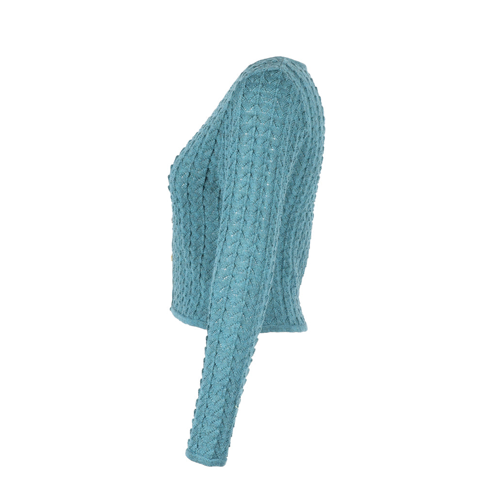 Strickjacke SOPHIE türkis – Ajourjacke aus Schurwolle kbT